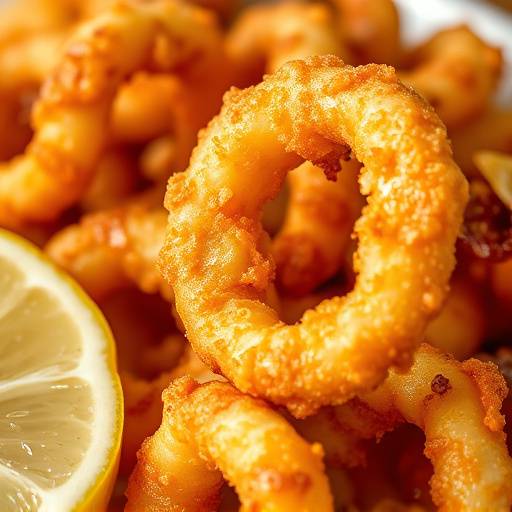 Calamares a la Romana: Anillos de calamar rebozados y fritos, servidos con lim&oacute;n.