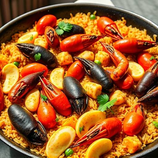 Deliciosa paella valenciana servida en Sabores del Sol, con mariscos frescos y arroz en su punto