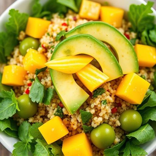 Ensalada de Quinoa con Aguacate y Mango: Ensalada fresca con quinoa, aguacate, mango y vinagreta c&iacute;trica.