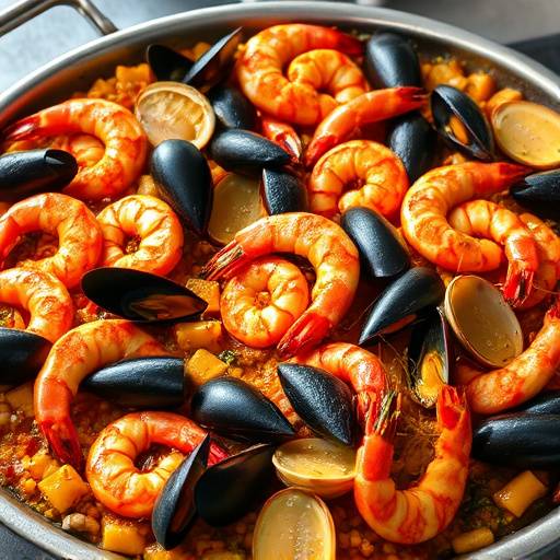 Paella de Marisco: Paella con arroz, mejillones, gambas, calamares y almejas.