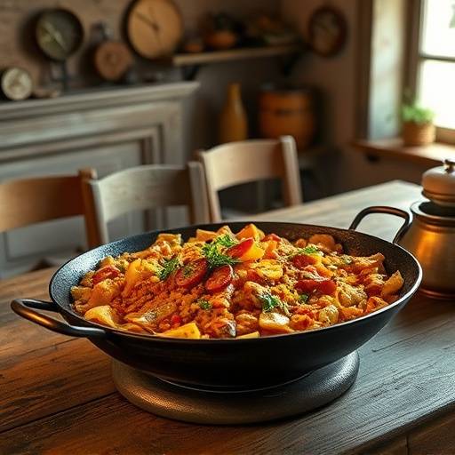Paella valenciana servida en una paellera tradicional sobre una mesa de madera r&uuml;stica.