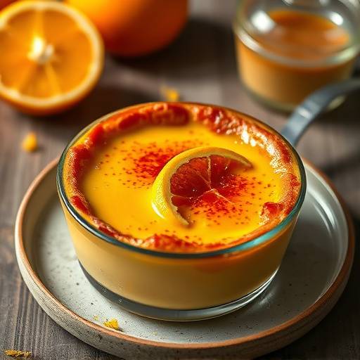 Un plato de crema catalana servido con una capa caramelizada y ralladura de naranja.