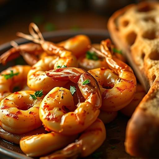 Un plato de gambas al ajillo servido con pan crujiente.