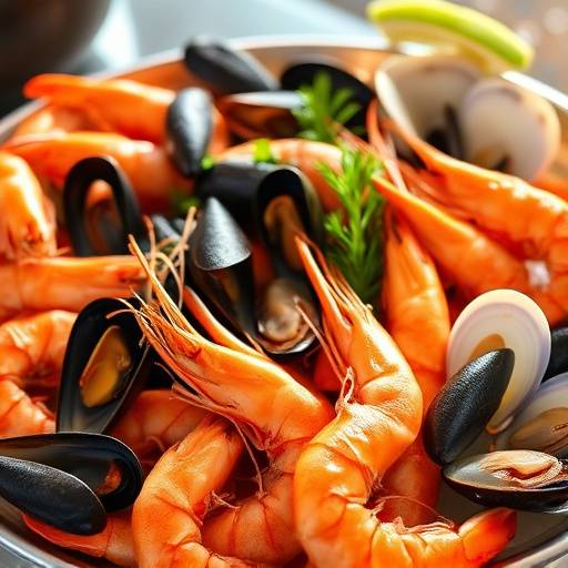 Un plato de mariscos frescos, incluyendo gambas, mejillones y almejas.