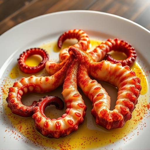 Un plato de pulpo a la gallega adornado con piment&oacute;n y aceite de oliva.