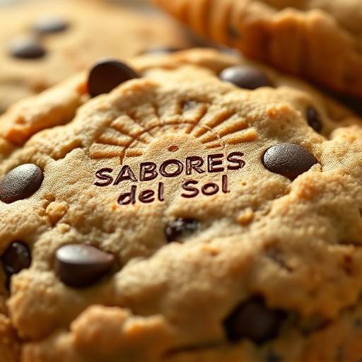 Una deliciosa galleta de chocolate con el logo de Sabores del Sol