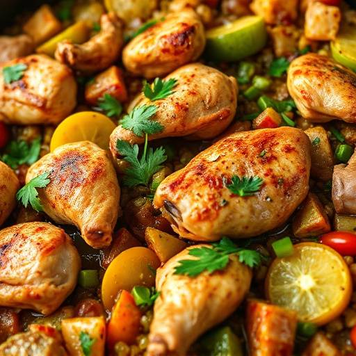 Una paella valenciana tradicional con arroz, pollo, conejo y verduras.