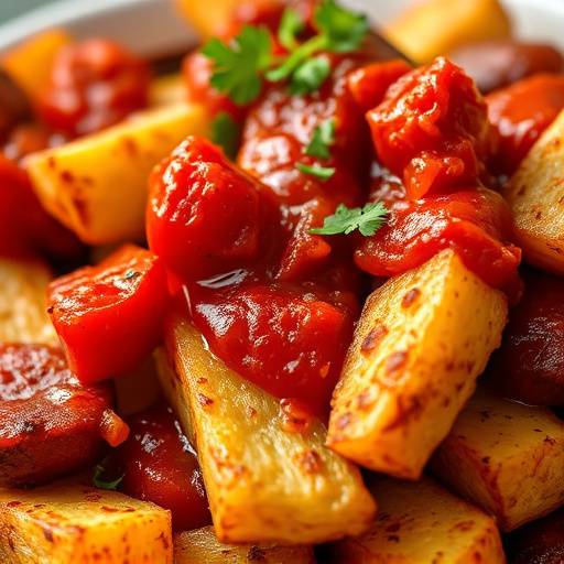 Una vista de primer plano de un plato de patatas bravas con salsa picante.