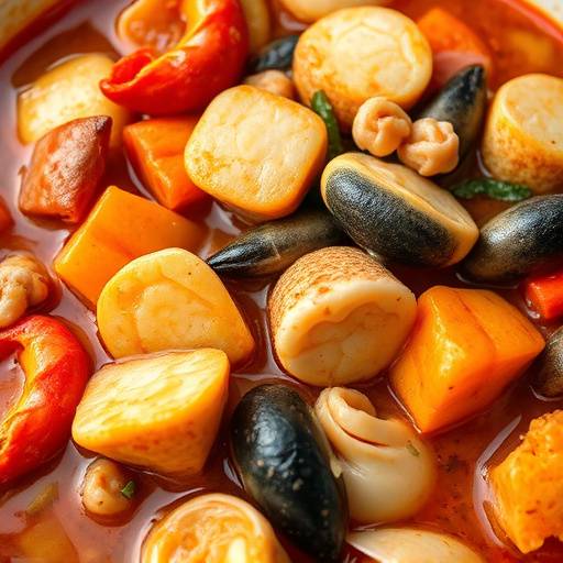 Zarzuela de Mariscos: Guiso de pescado y mariscos en salsa de tomate.